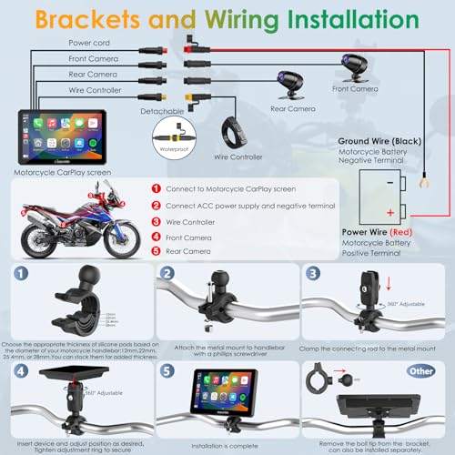 7" Waterproof Motorcycle Carplay Screen with Dual Dash Cam P4909