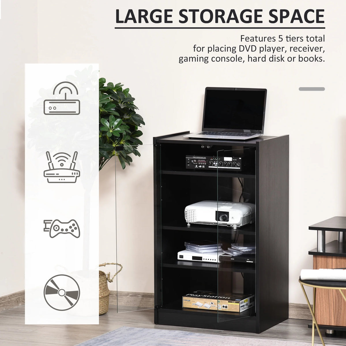 5-Tier Media Stand Cabinet with Adjustable Shelves & Tempered Glass E750587