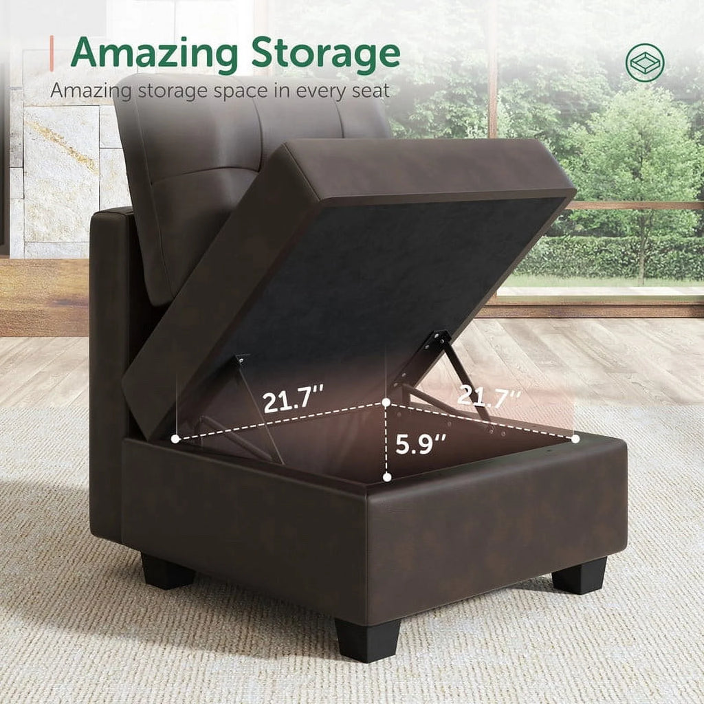 Brown Faux Leather L-Shaped Sectional Sofa with Storage G667