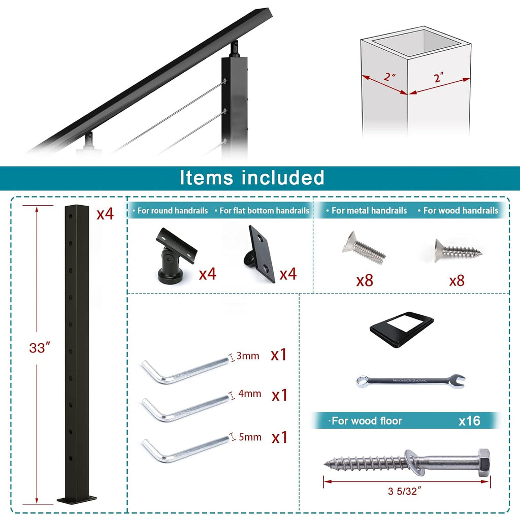 Black 30 Degree Stair Pre-Drilled Angle Holes 36x2x2 Stainless Steel Square Weldless Cable Railing Post I660402