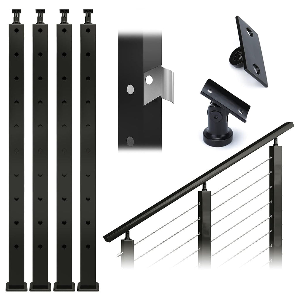 Black 30 Degree Stair Pre-Drilled Angle Holes 36x2x2 Stainless Steel Square Weldless Cable Railing Post I660402