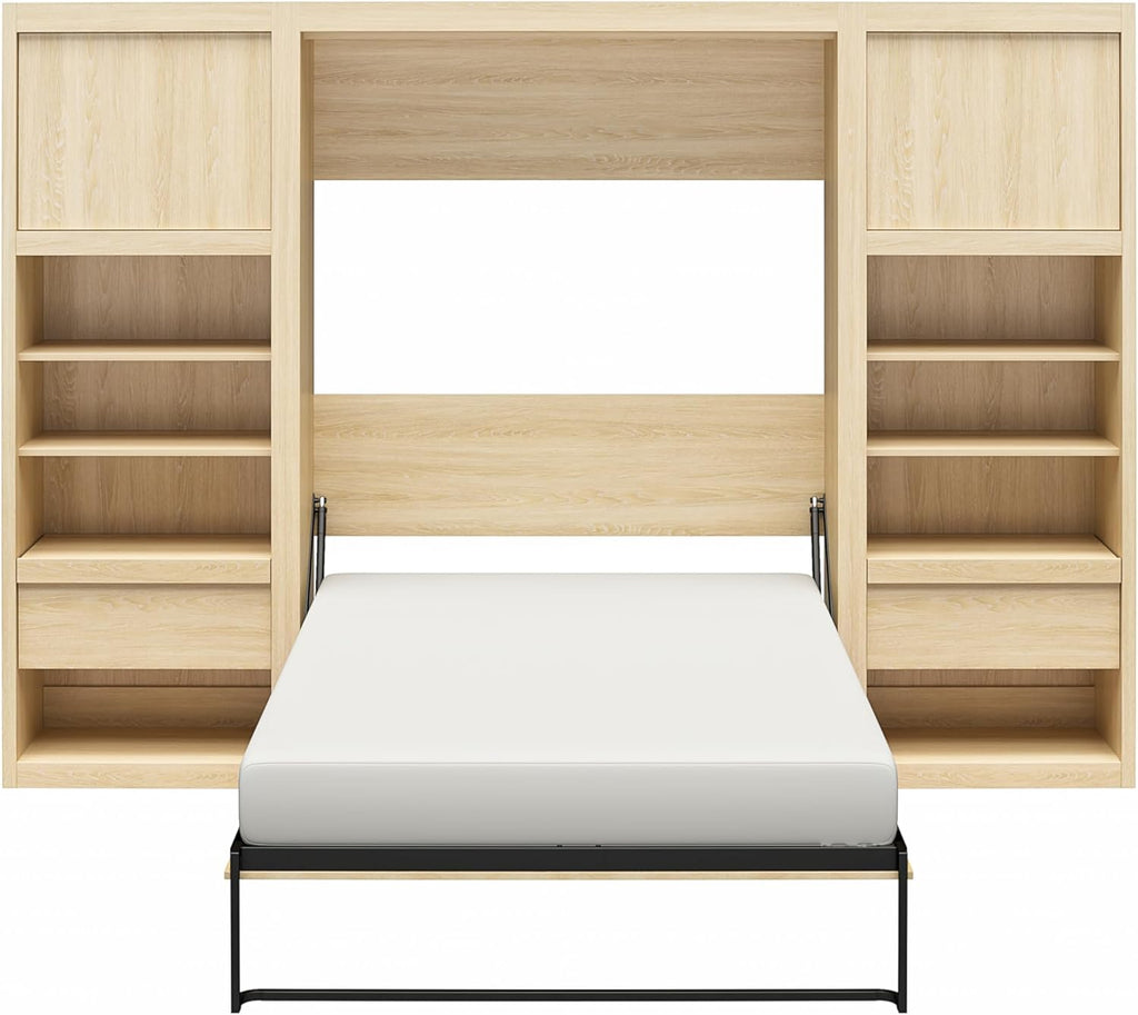 Full Size Murphy Wall Bed with Storage in Light Oak Q109