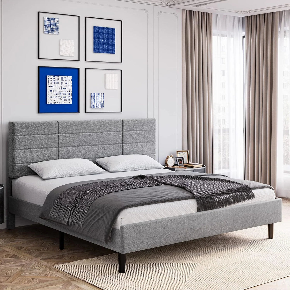 Queen Size Light Grey Upholstered Platform Bed Frame T485181
