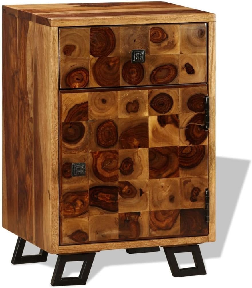Solid Sheesham Wood Nightstand with Iron Legs and Storage Drawer I842