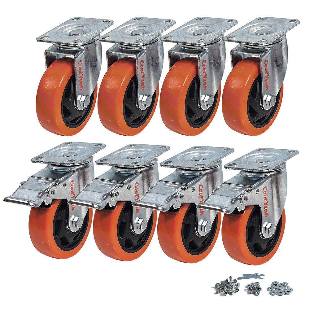 4 inch Swivel Plate PVC Caster Wheels, Heavy Duty Locking Casters (Pack of 8, 4 with Brake & 4 Without) C58794