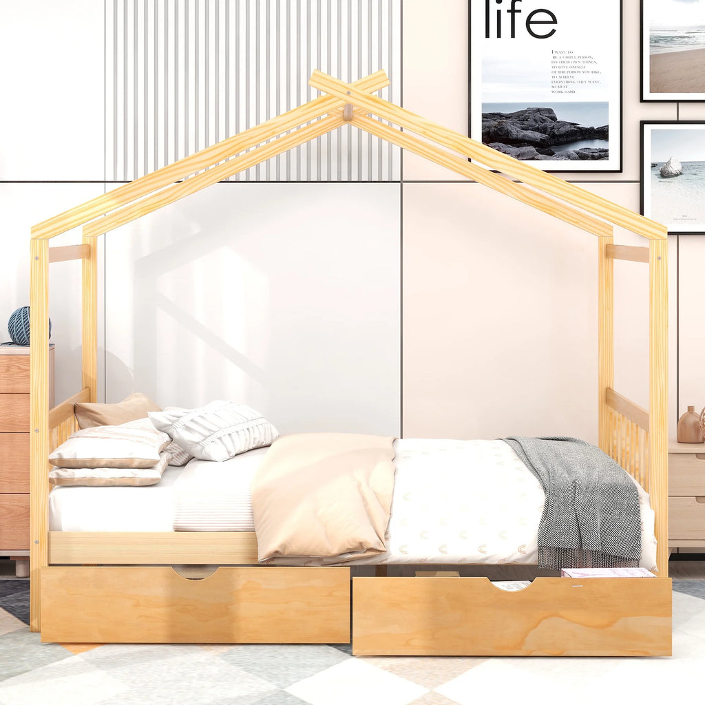 Full Size House Bed with Roof and 2 Drawers Y731