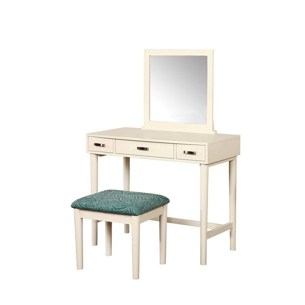 Off-White 3-Drawer Vanity Set with Green Swirl Upholstered Stool N711548