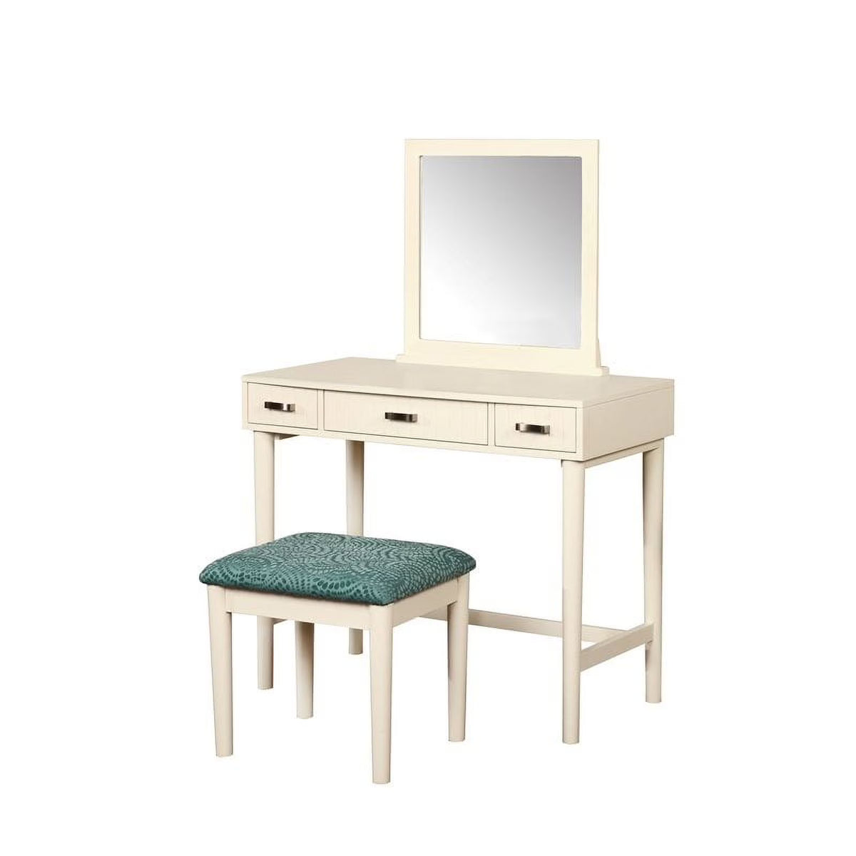 Off-White 3-Drawer Vanity Set with Green Swirl Upholstered Stool N711548