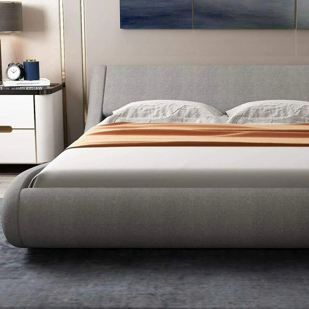 Queen Size Bed Frame with Curved Adjustable Headboard Grey M779835