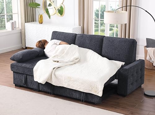 86 Inch Chenille L Shaped Sleeper Sectional Sofa with Storage Chaise A906