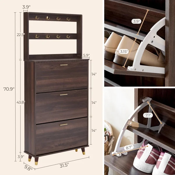 Brown Hall Tree with 12 Hooks & 3 Shoe Cabinets Y435805