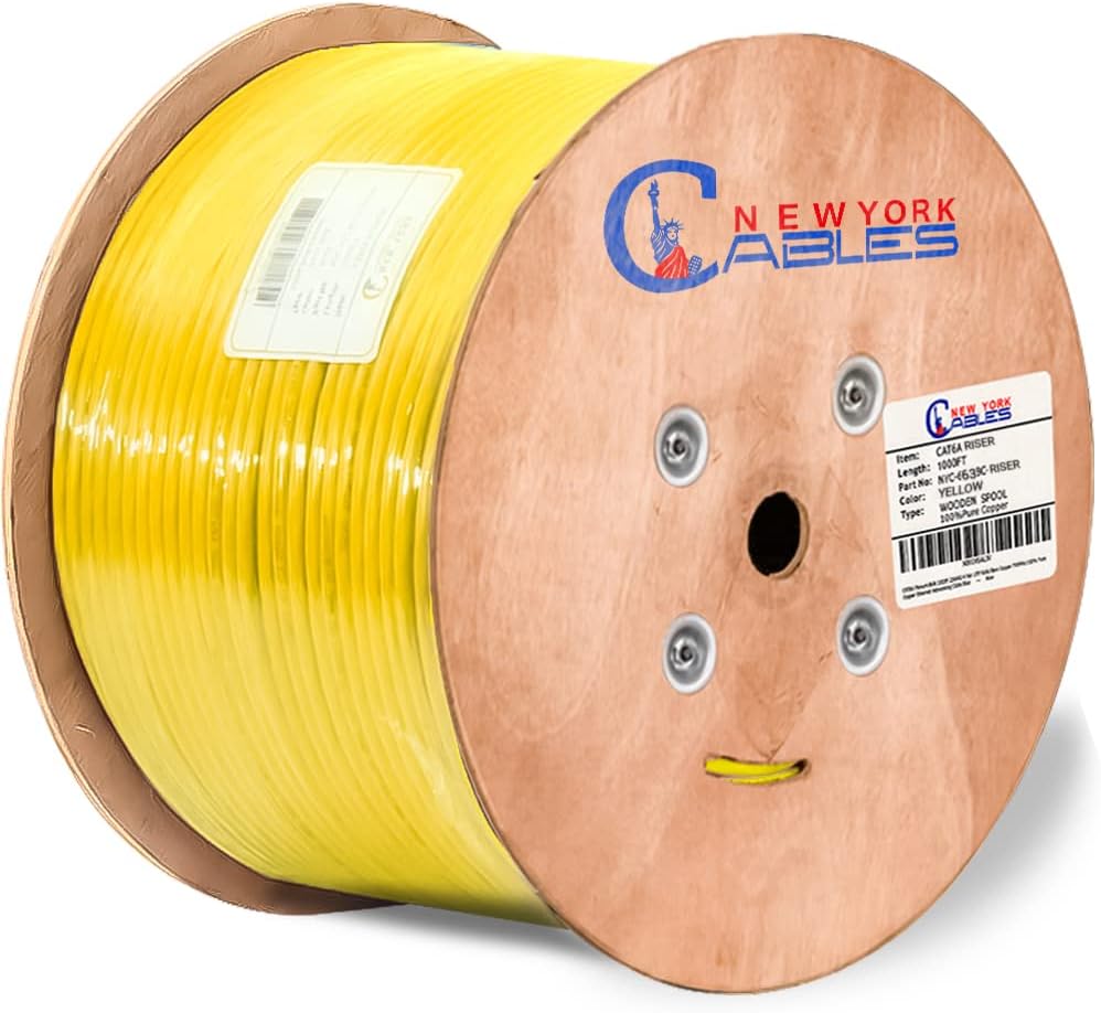 Cat6a Riser Bulk Ethernet Cable 1000ft CMR Rated Spool Solid Bare Copper 23AWG UTP Black Z1088