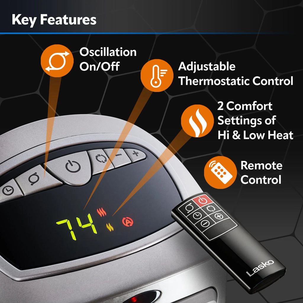 23" 1500W Oscillating Ceramic Space Heater with Timer, Remote, Silver T5956