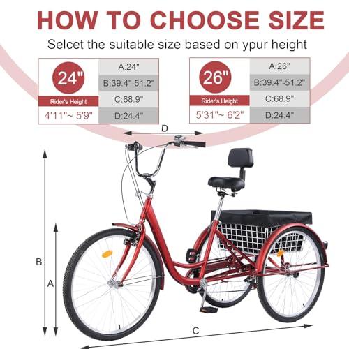 24/26-Inch 3-Wheel Adult Tricycle with 7-Speed Gearing and Basket J684