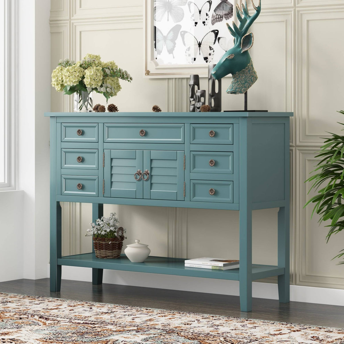 Green 7 Drawer Console Table with Cabinet H99380