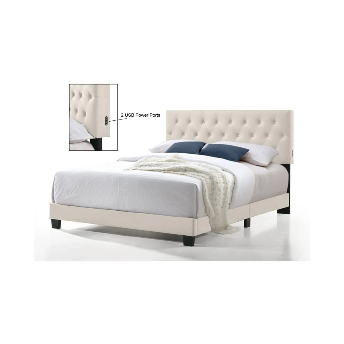 Beige Twin Size Linen Bed with USB Power Connection F27426
