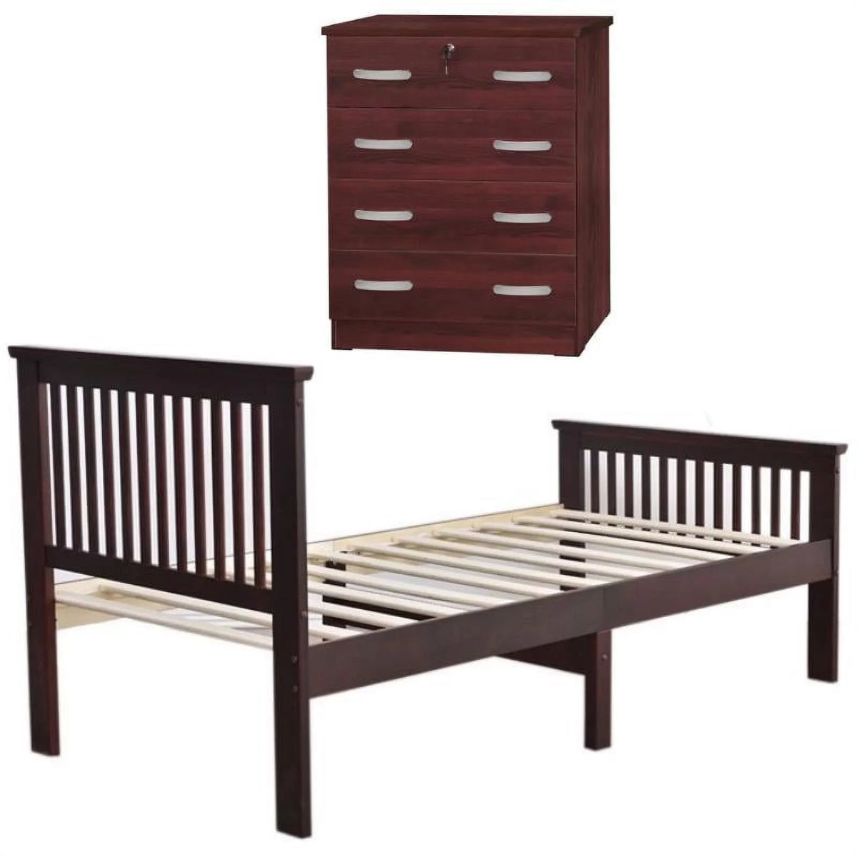 Pine Twin Bed and Dresser with Lock in Mahogany I4766
