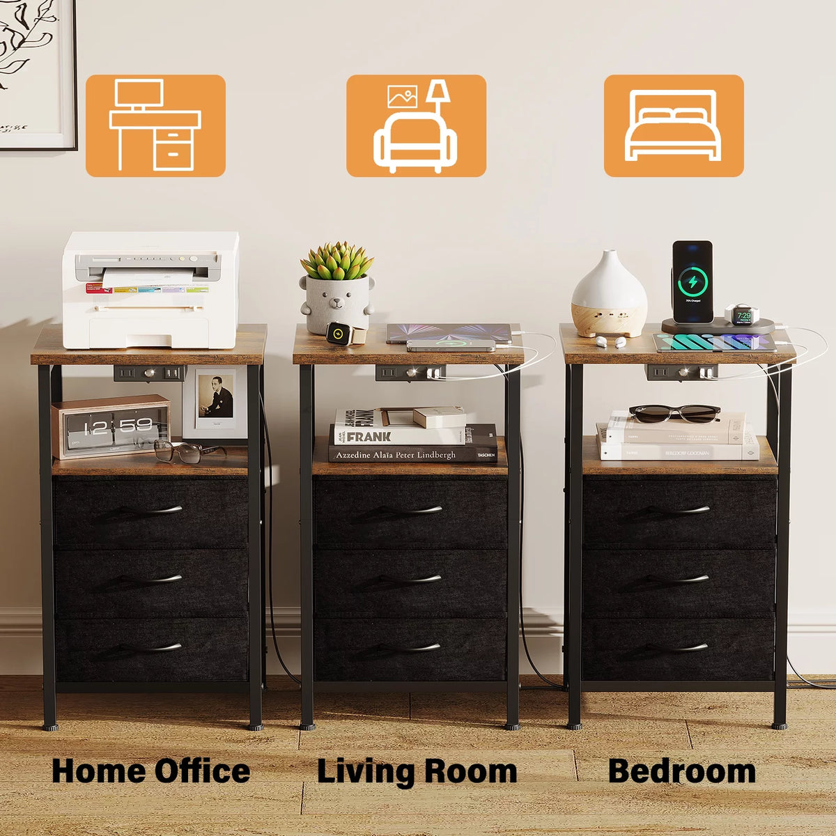 3-Tier Nightstand with Drawers and Charging Station G776