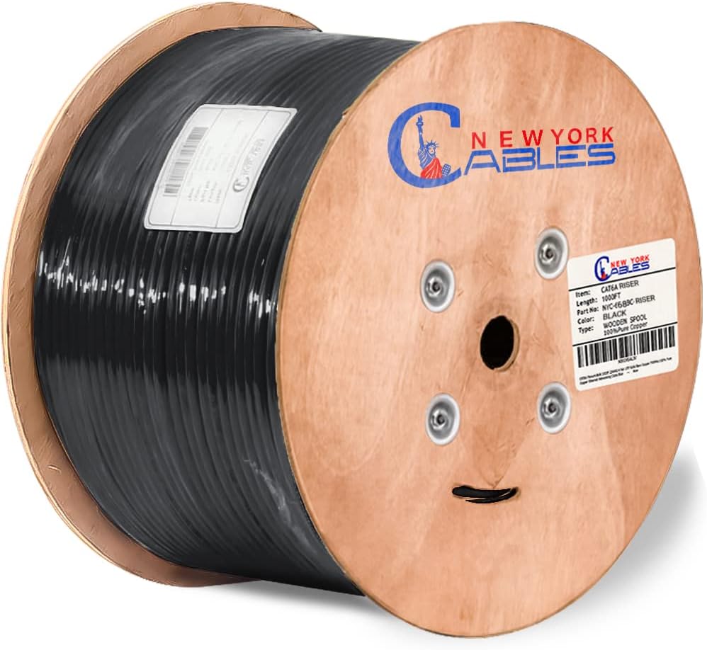 Cat6a Riser Bulk Ethernet Cable 1000ft CMR Rated Spool Solid Bare Copper 23AWG UTP Black Z1088