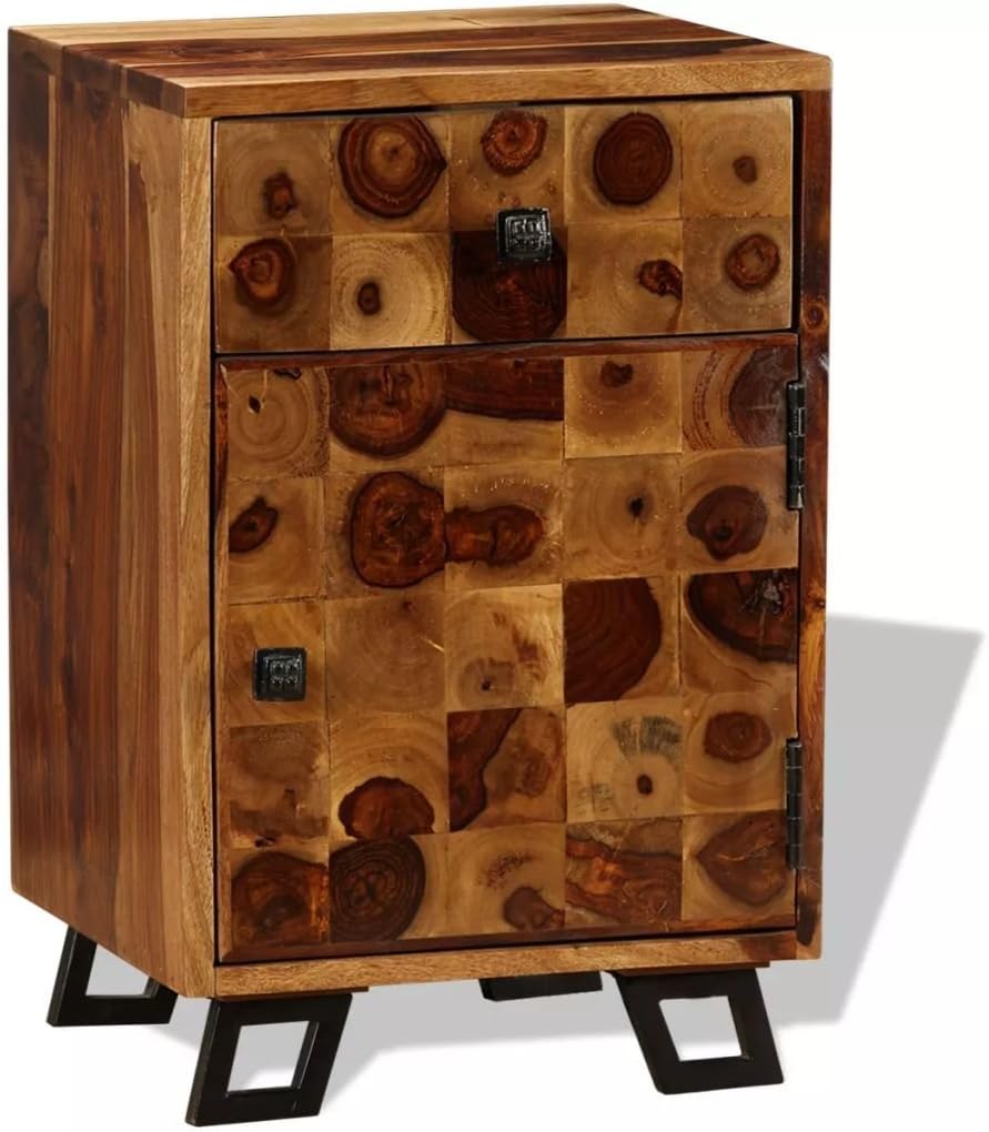 Solid Sheesham Wood Nightstand with Iron Legs and Storage Drawer I842