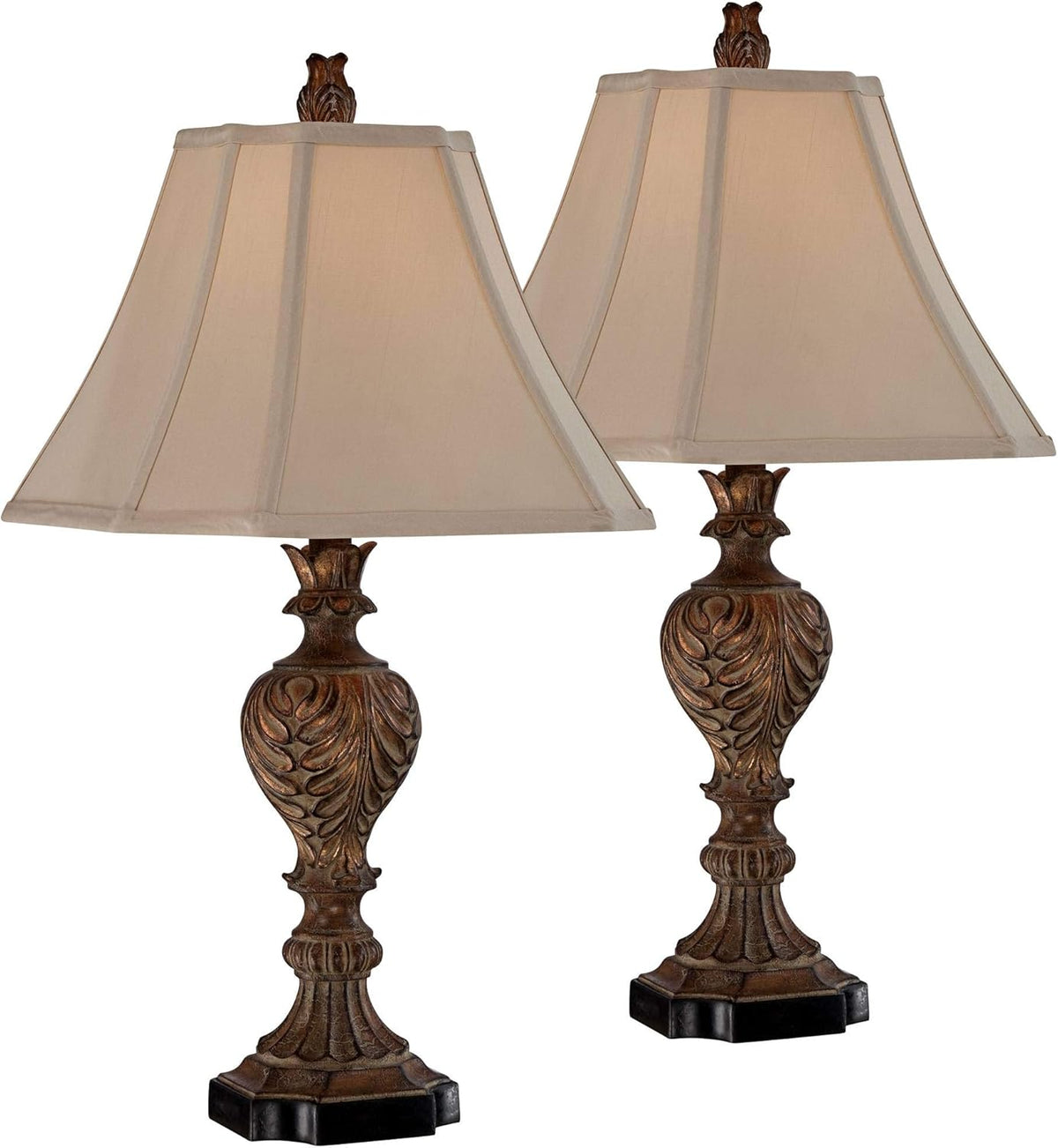 Traditional Table Lamps Set of 2 Brown Tan Fabric Square Bell Shade X86638