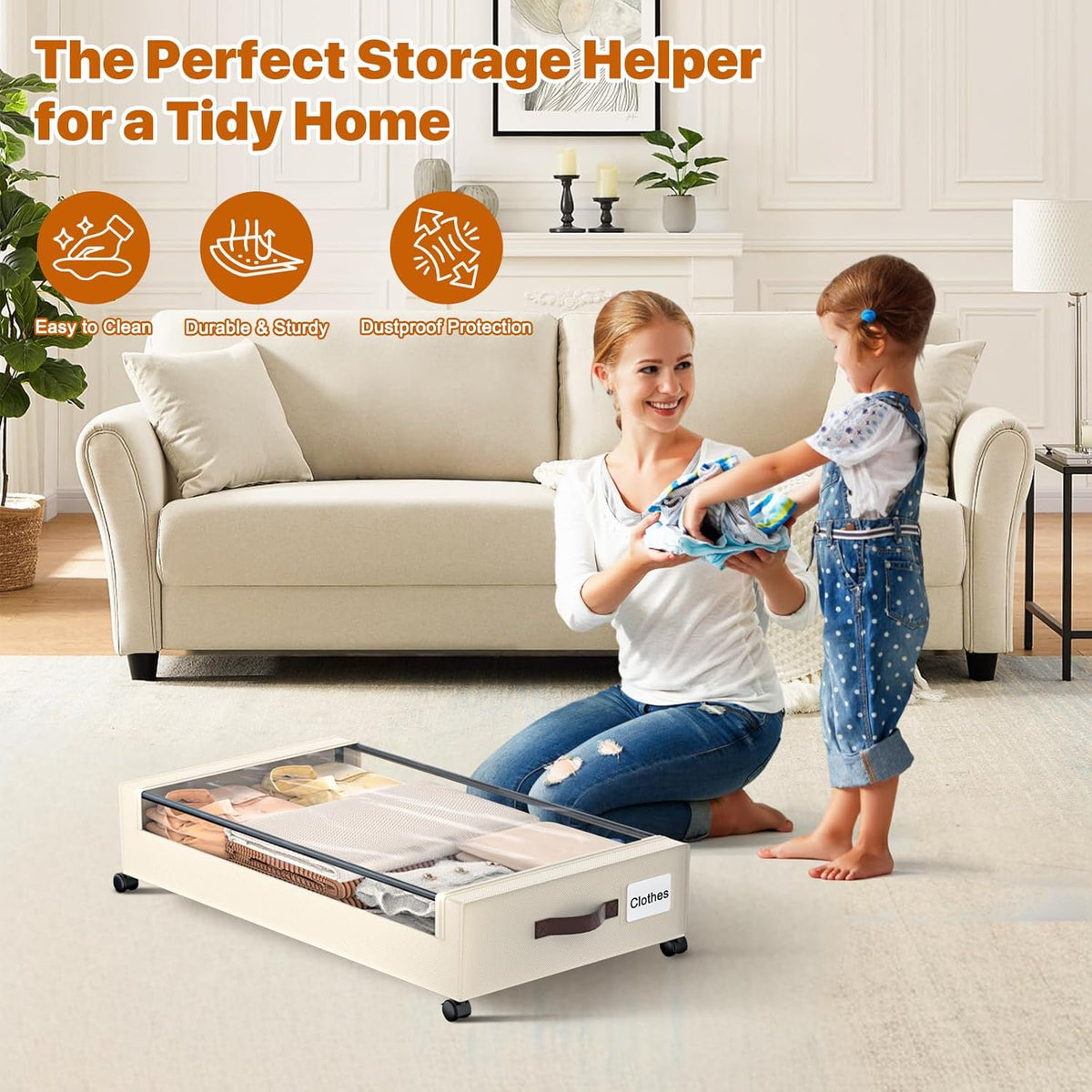 White 4 Pack 60L Under Bed Storage Bins with Wheels and Clear Lids A92319