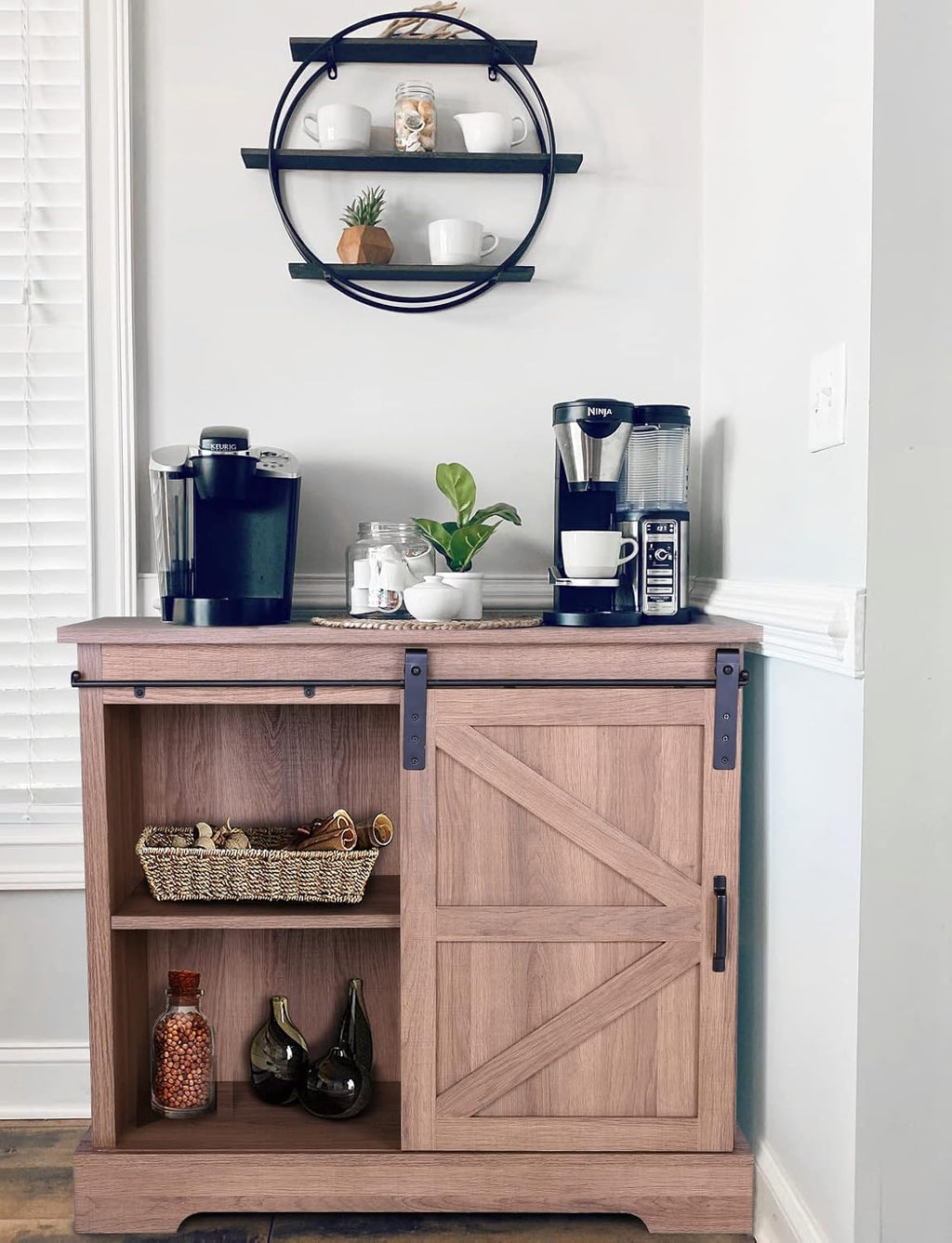 Brown Oak Kitchen Storage Cabinet with Sliding Door J669