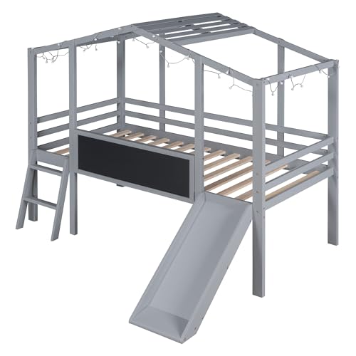 White Twin Low Loft Bed with Slide and Storage Shelves Z2629