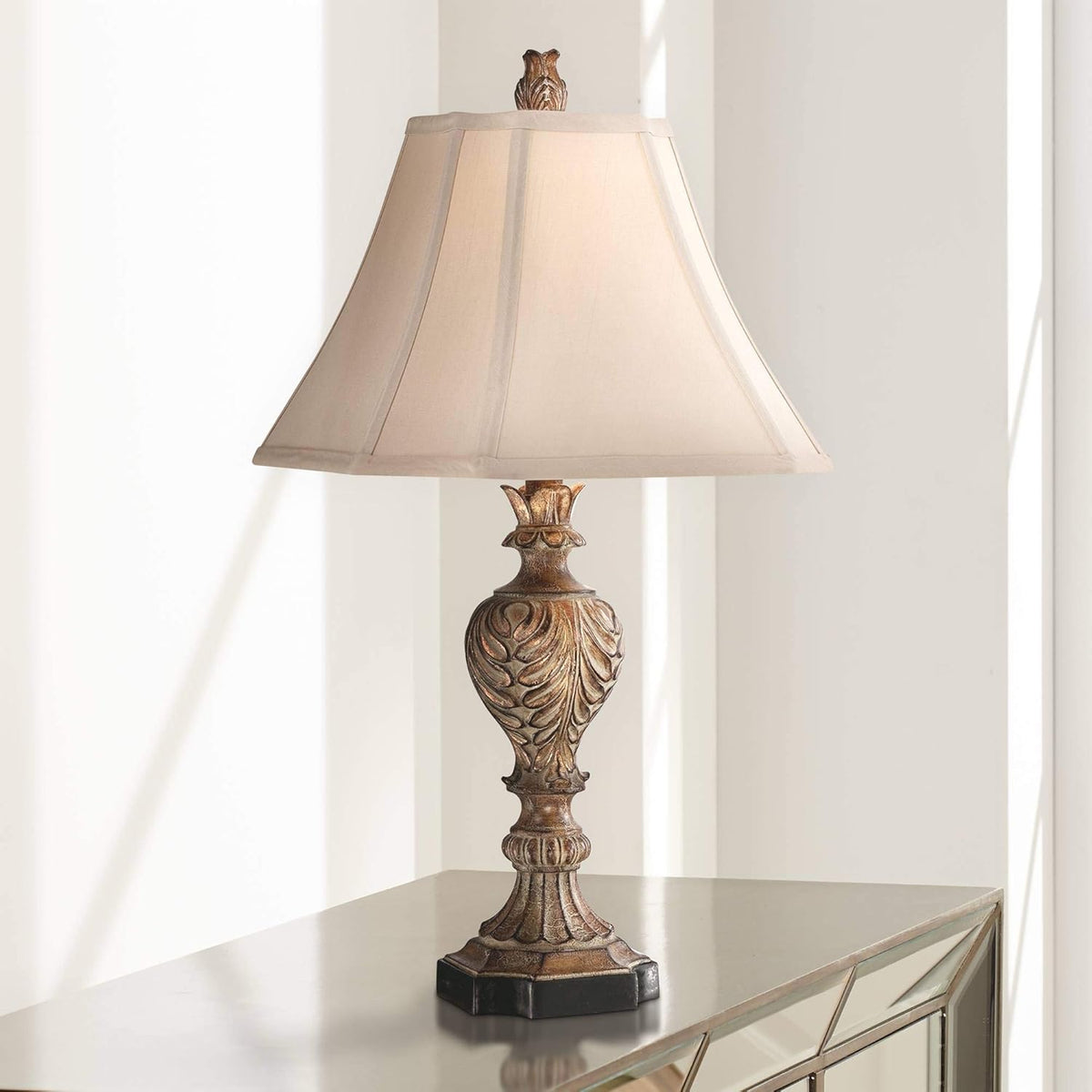 Traditional Table Lamps Set of 2 Brown Tan Fabric Square Bell Shade X86638
