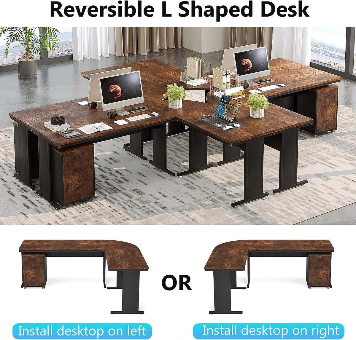 83" L-Shaped Executive Desk with 3-Drawer File Cabinet P5448