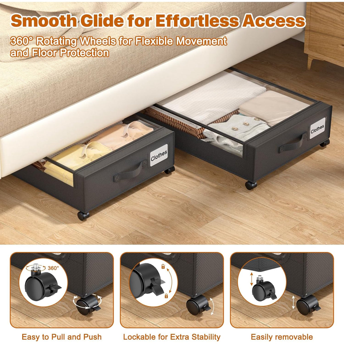 White 4 Pack 60L Under Bed Storage Bins with Wheels and Clear Lids A92319