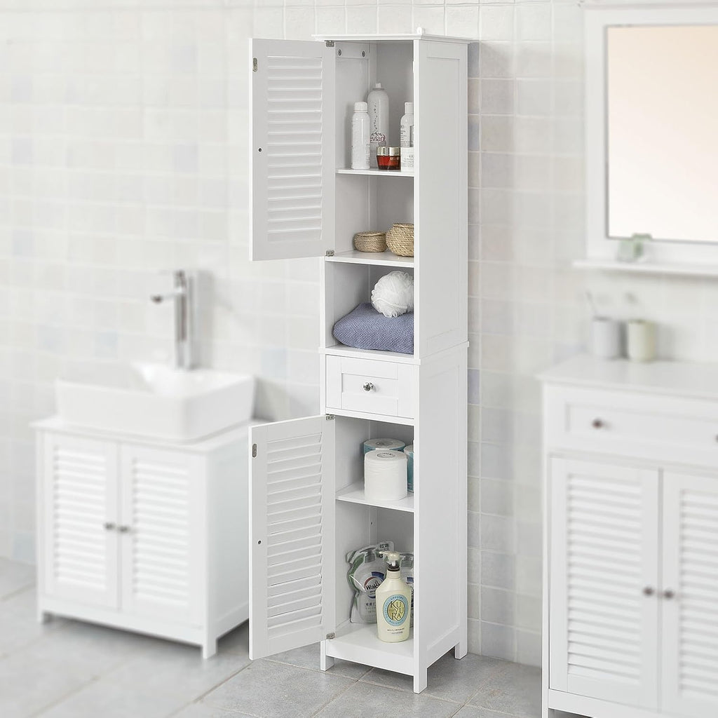 White Floor Standing Tall Bathroom Storage Cabinet with Shelves and Drawers V487323