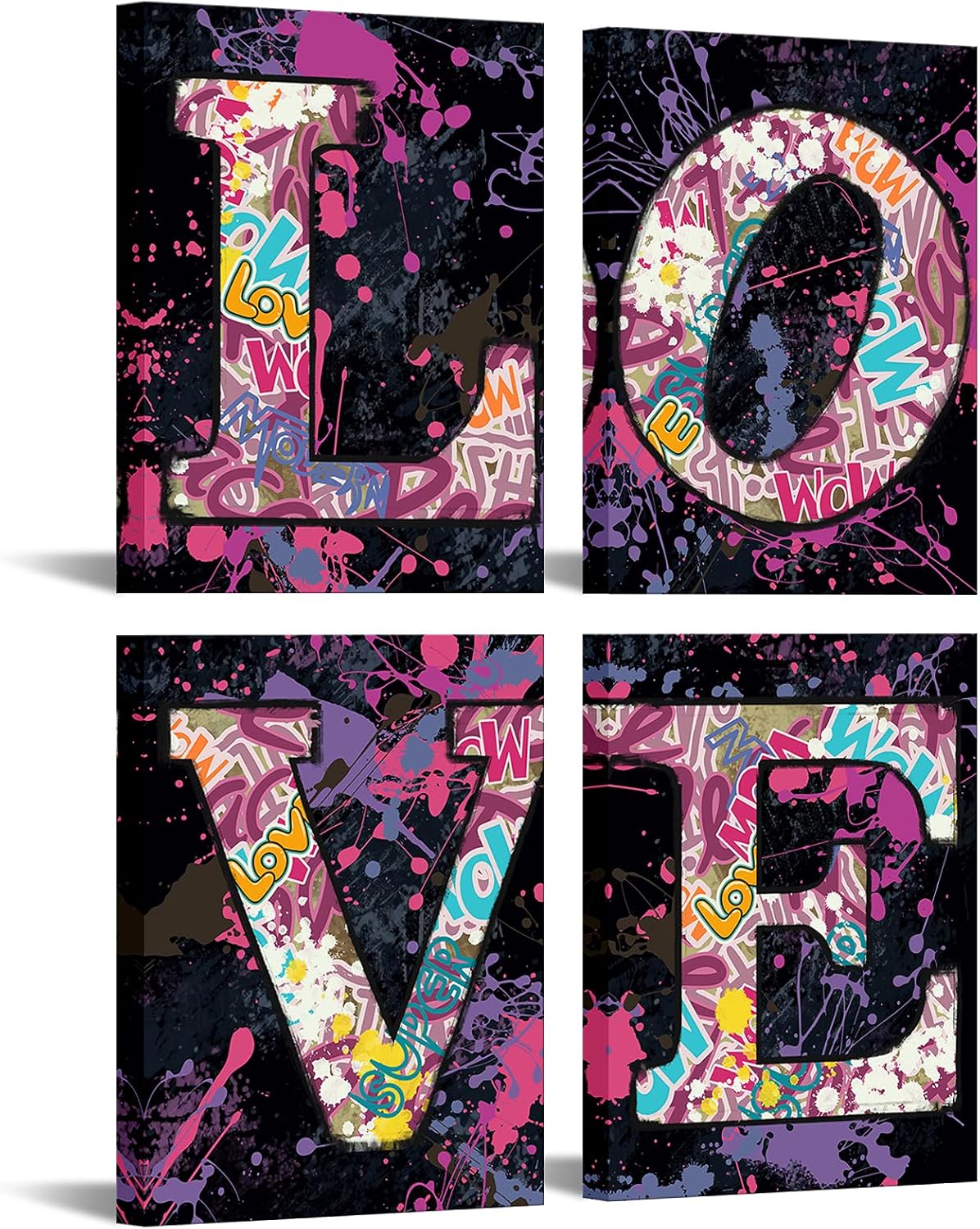4 Piece Colorful Graffiti Canvas Wall Art Framed K9054