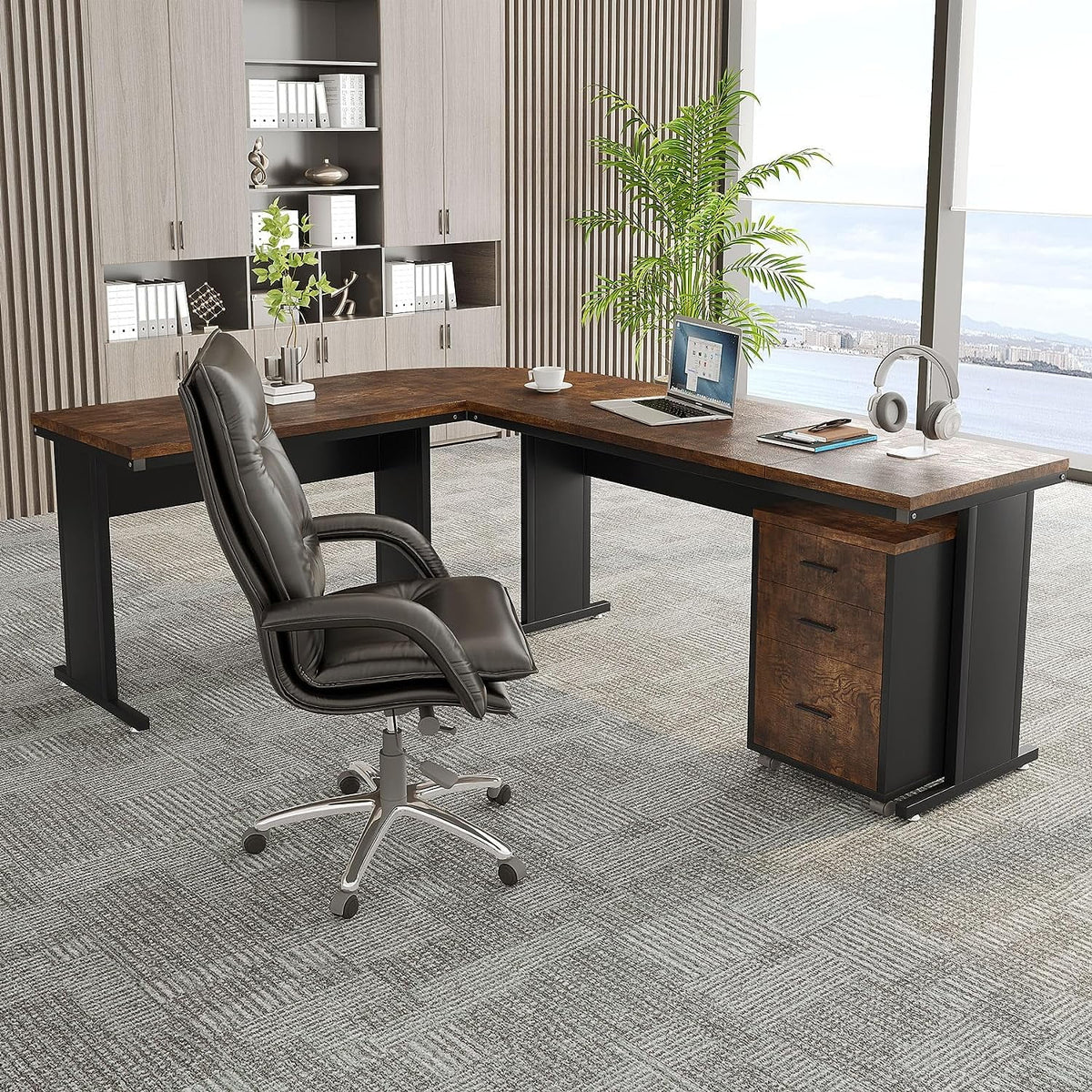 83" L-Shaped Executive Desk with 3-Drawer File Cabinet P5448