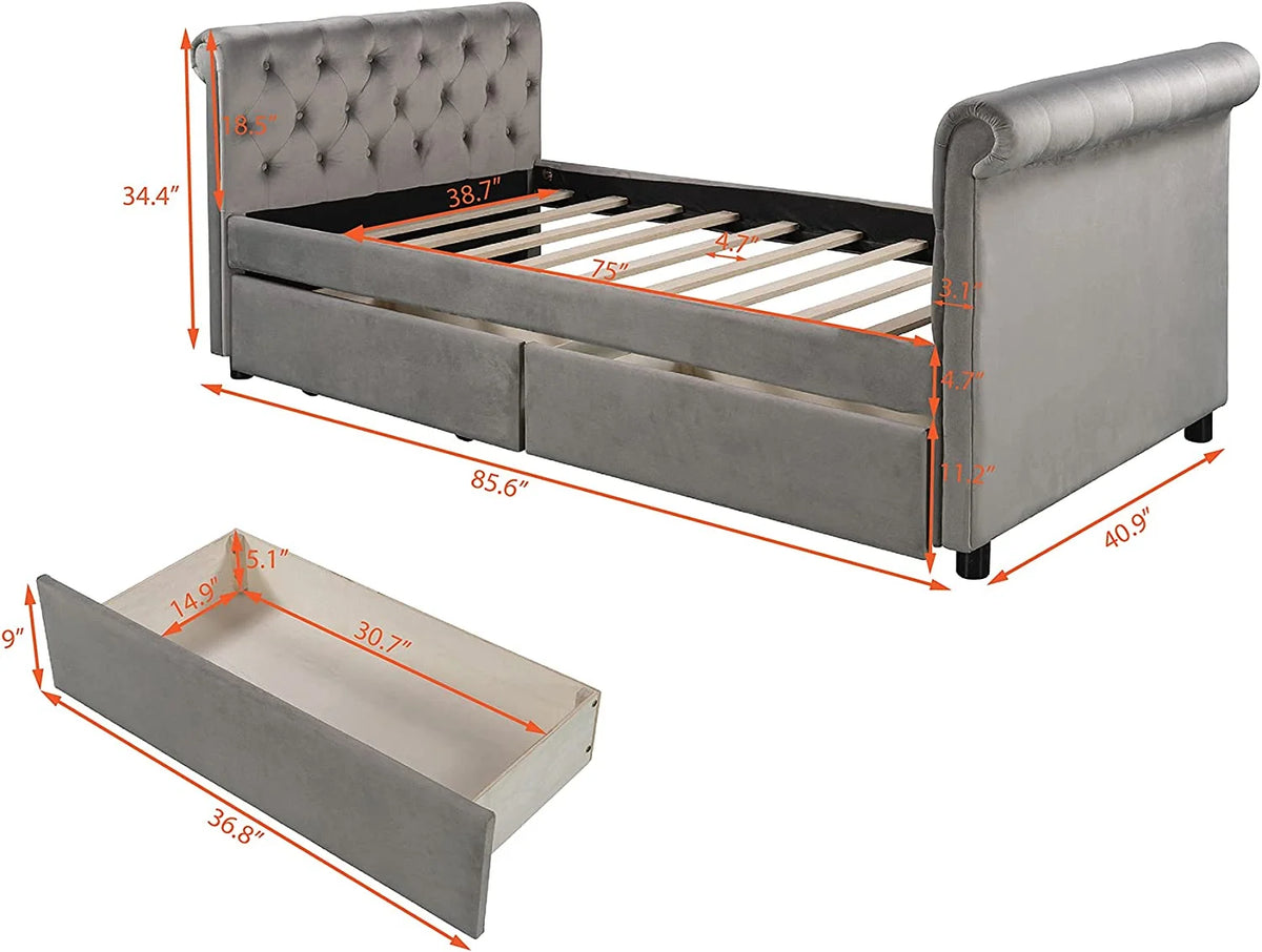 Grey Upholstered Daybed with Storage Drawers C992