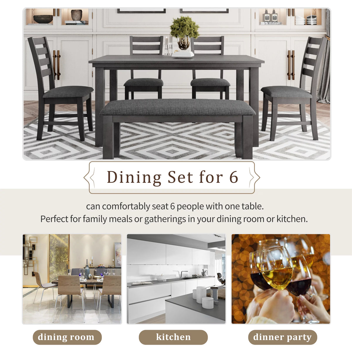 Gray Wood Dining Table and Chairs with Bench Q15730