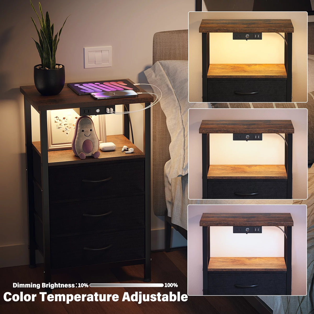 3-Tier Nightstand with Drawers and Charging Station G776