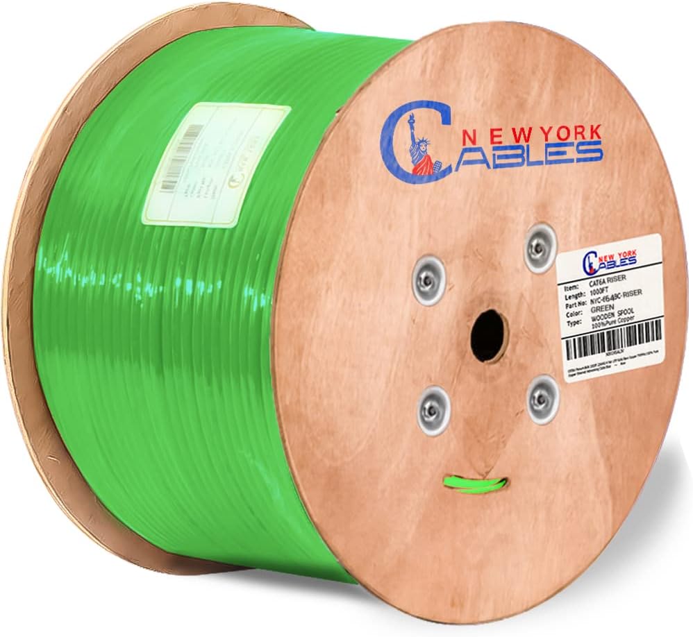 Cat6a Riser Bulk Ethernet Cable 1000ft CMR Rated Spool Solid Bare Copper 23AWG UTP Black Z1088