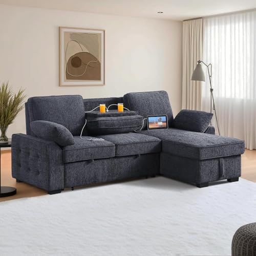 86 Inch Chenille L Shaped Sleeper Sectional Sofa with Storage Chaise A906