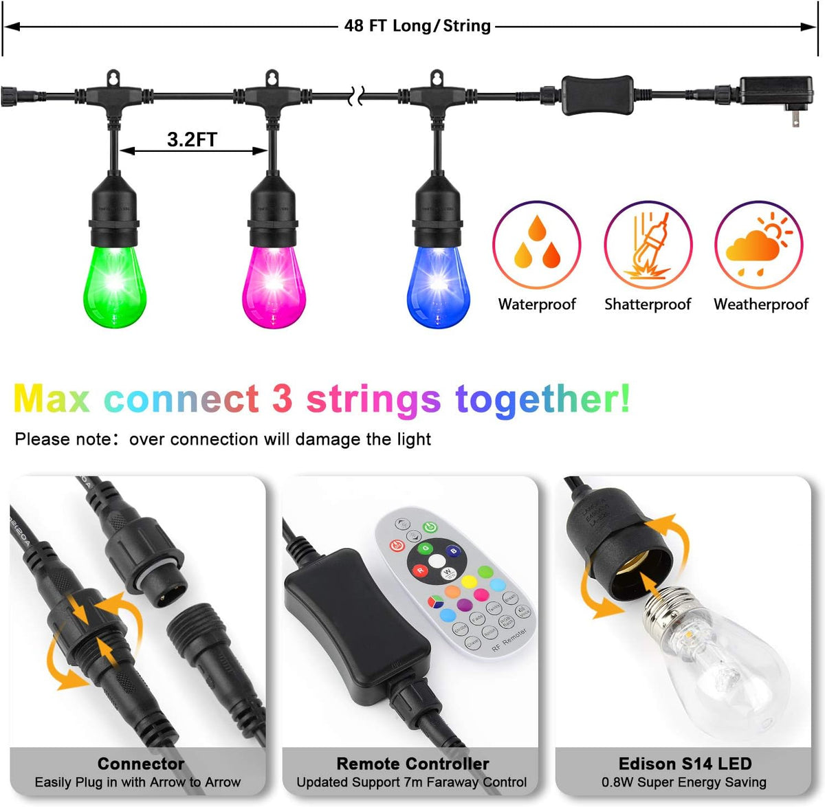 2-Pack RGB Outdoor String Lights with S14 Edison Bulbs 96FT D81043