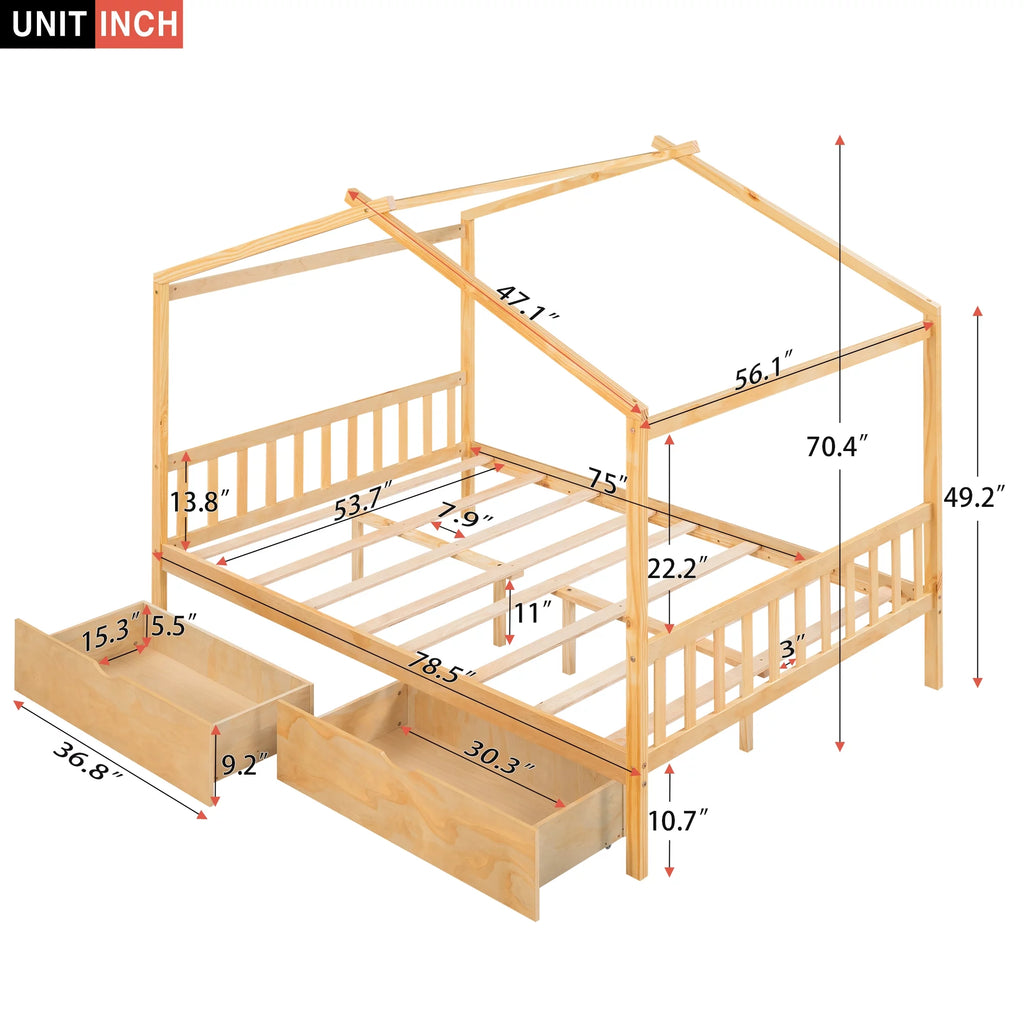 Full Size House Bed with Roof and 2 Drawers Y731