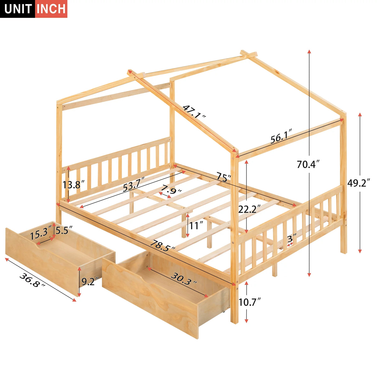 Full Size House Bed with Roof and 2 Drawers Y731