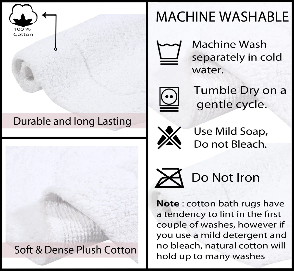 White Cotton Non-Slip 3 Piece Bath Rug Set Z7412