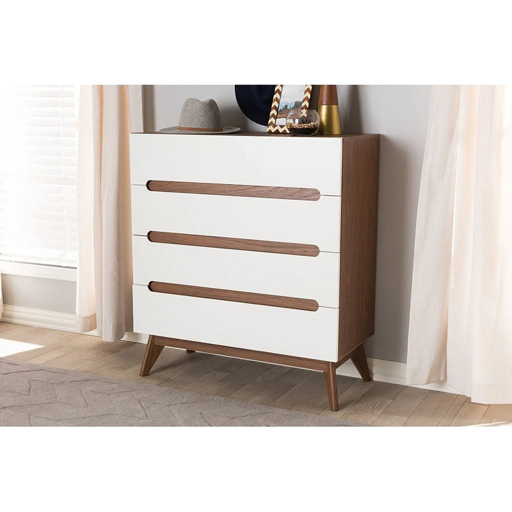 White and Walnut Wood 4-Drawer Storage Chest M95516