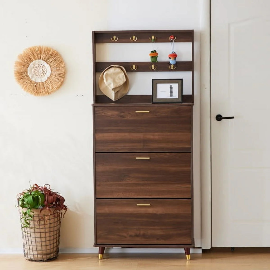 Brown Hall Tree with 12 Hooks & 3 Shoe Cabinets Y435805