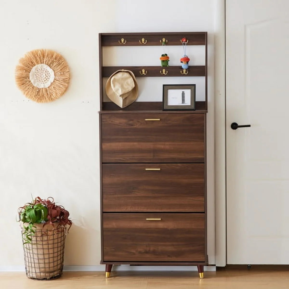 Brown Hall Tree with 12 Hooks & 3 Shoe Cabinets Y435805