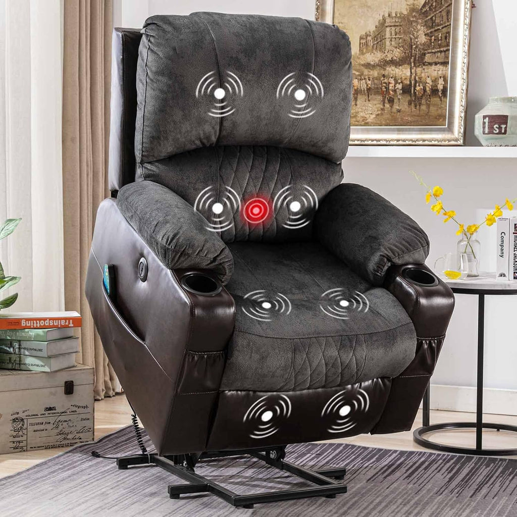 Grey Power Lift Recliner Chair with Heated and Vibration Massage, USB Port, 2 Cup Holders W33002
