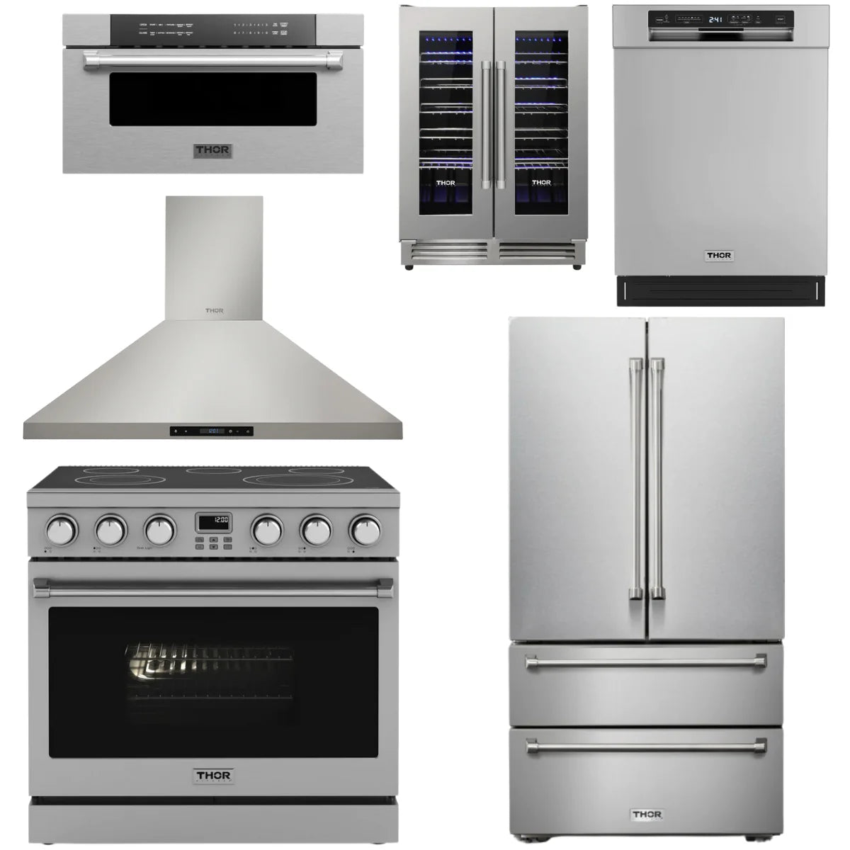 36 Electric Range, Range Hood, Refrigerator, Dishwasher, Microwave and Wine Cooler R835