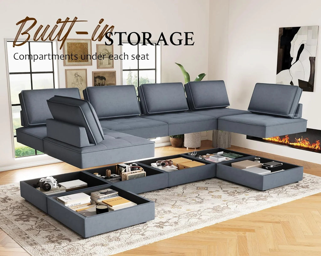7 Seater Velvet Beige Sectional Sofa X83741