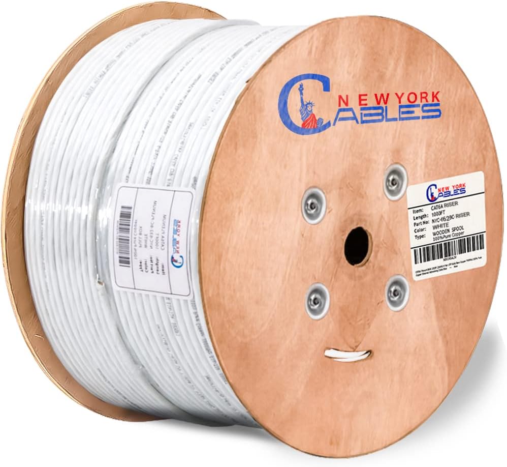 Cat6a Riser Bulk Ethernet Cable 1000ft CMR Rated Spool Solid Bare Copper 23AWG UTP Black Z1088